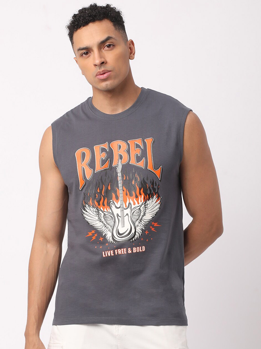 

R&B Printed Cotton Tank Vest, Grey