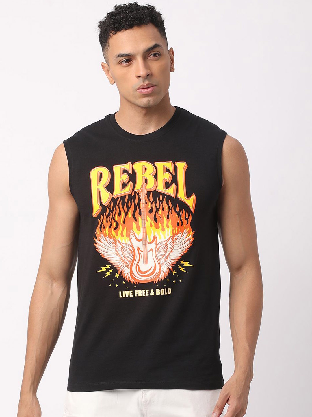 

R&B Printed Cotton Tank Vest, Black