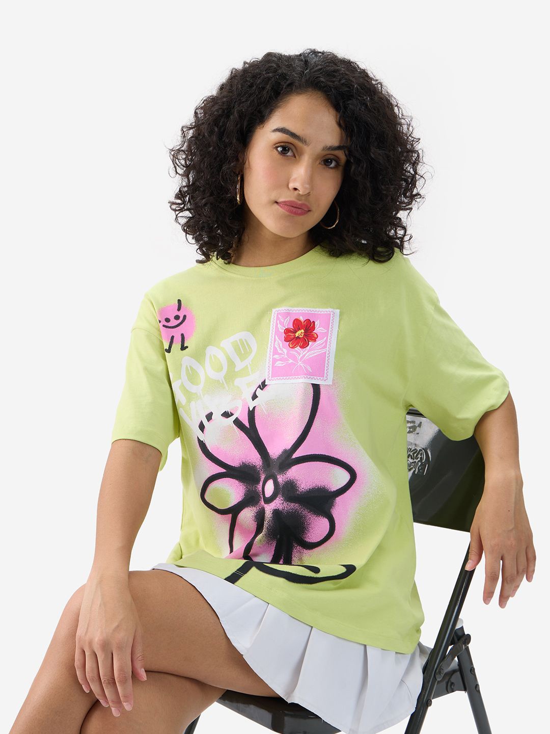 

The Souled Store Women Printed Floral Pure Cotton Oversized T-shirt, Lime green