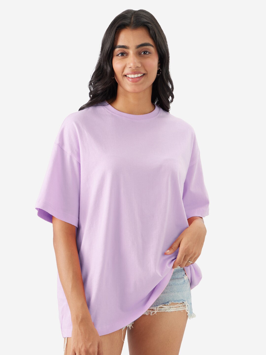 

The Souled Store Women Solid Round Neck Pure Cotton Oversized T-shirt, Lavender