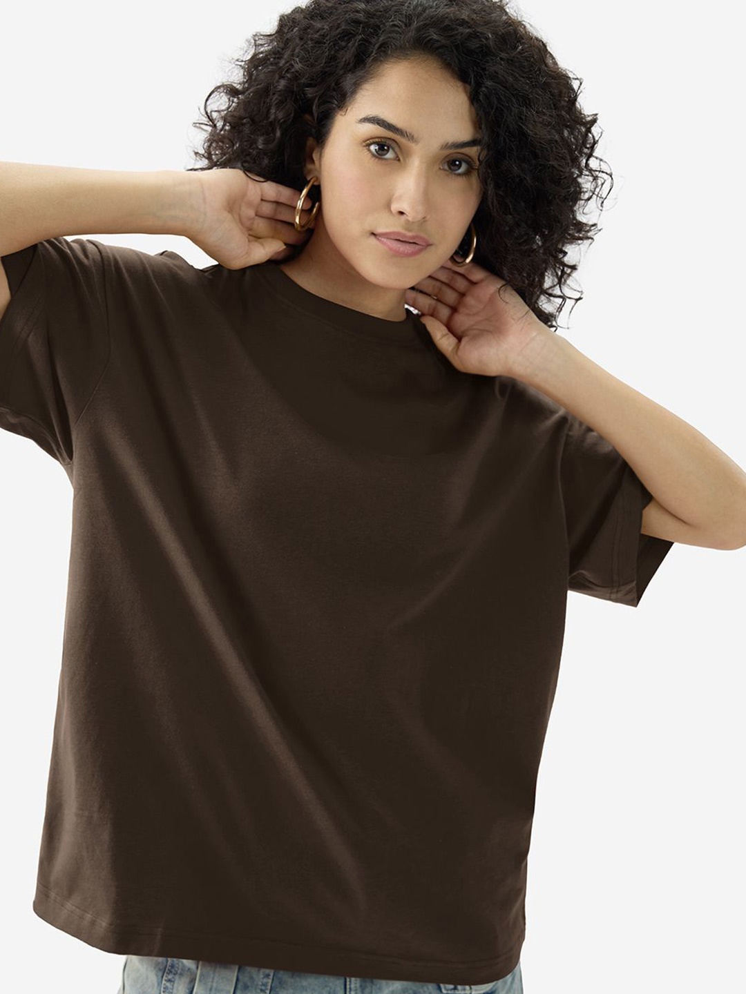 

The Souled Store Women Solid Round Neck Pure Cotton Oversized T-shirt, Brown