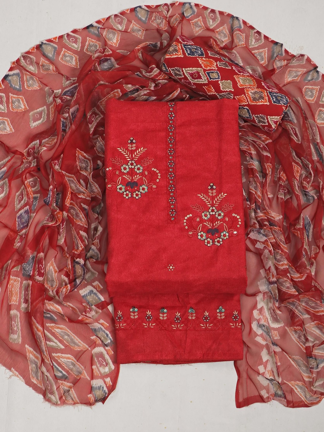 

KALINI Floral Embroidered Sequinned Unstitched Dress Material, Red