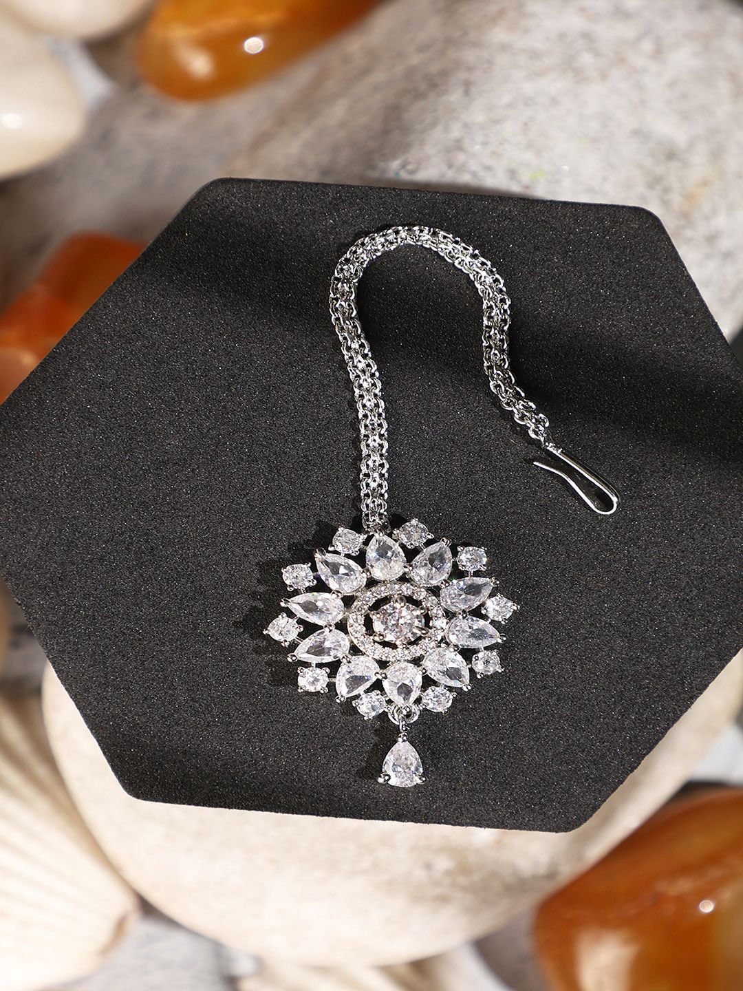 

ANIKAS CREATION Silver-Plated American Diamond Studded Maang Tikka Head Jewellery