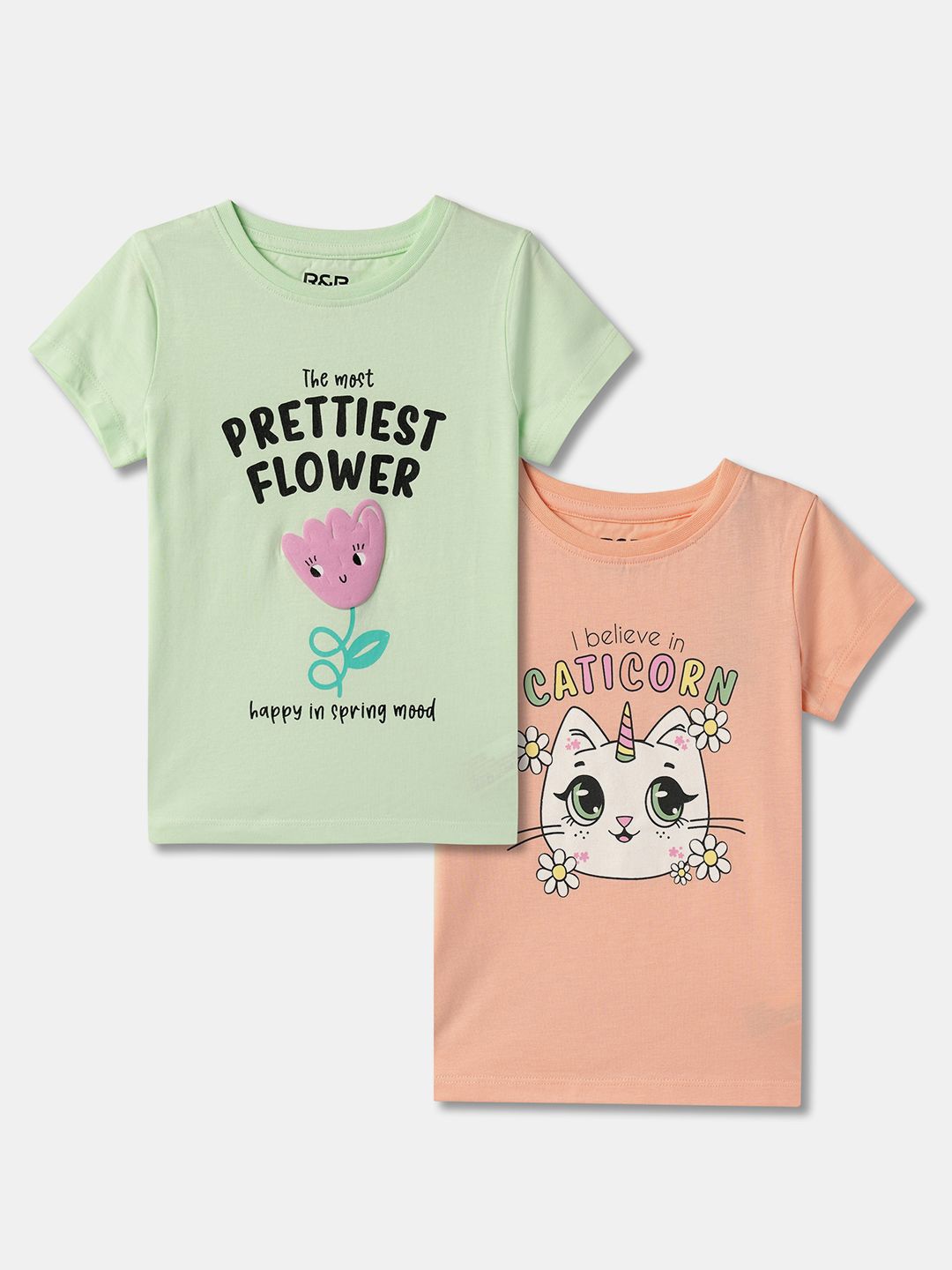 

R&B Girls Pack Of 2 Printed Round Neck Cotton T-shirt, Green