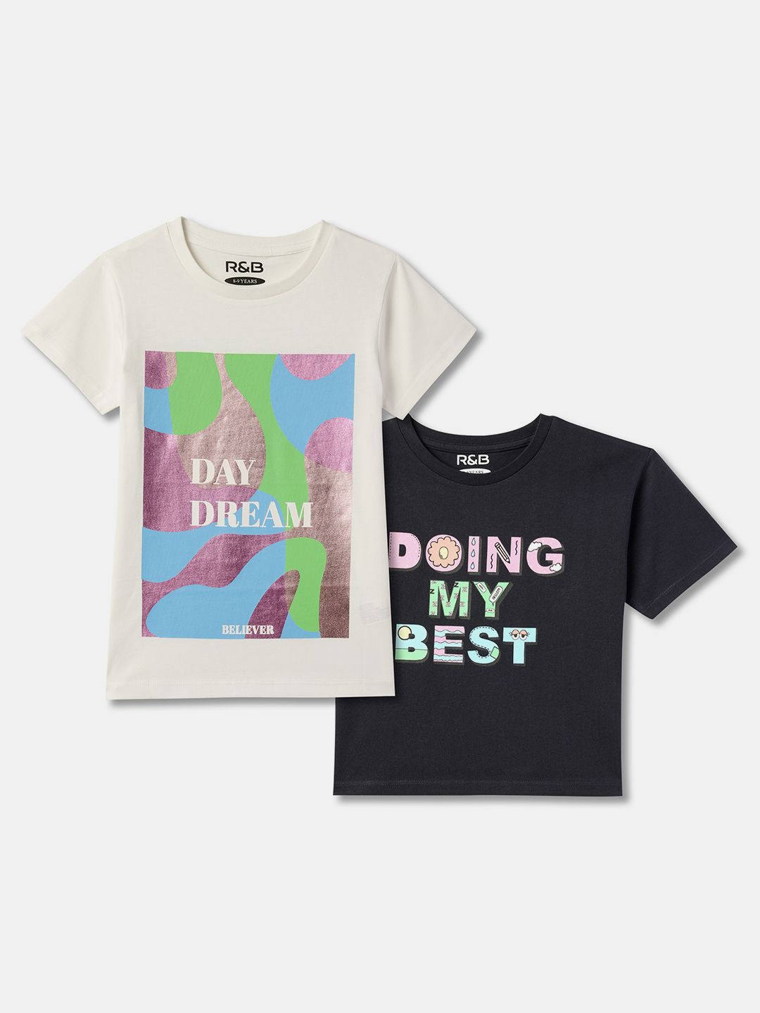 R&B Girls Pack Of 2 Printed Round Neck Cotton T-shirt, Off white
