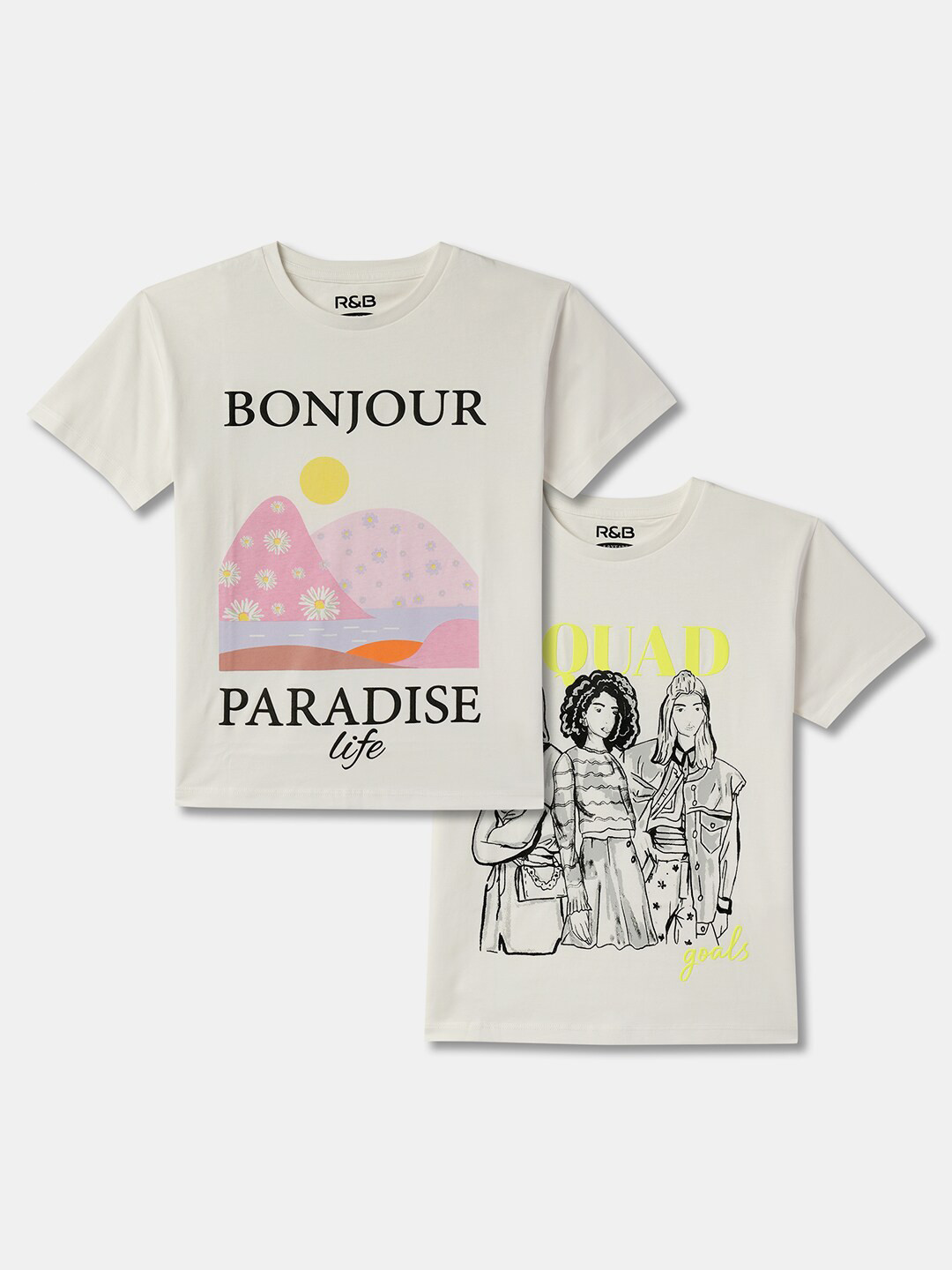 

R&B Girls Pack Of 2 Printed Round Neck Cotton T-shirt, Grey