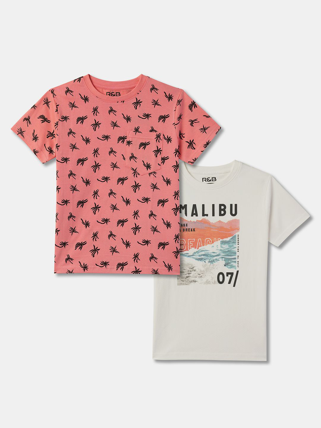 

R&B Boys Pack Of 2 Printed Round Neck Cotton T-shirt, Peach