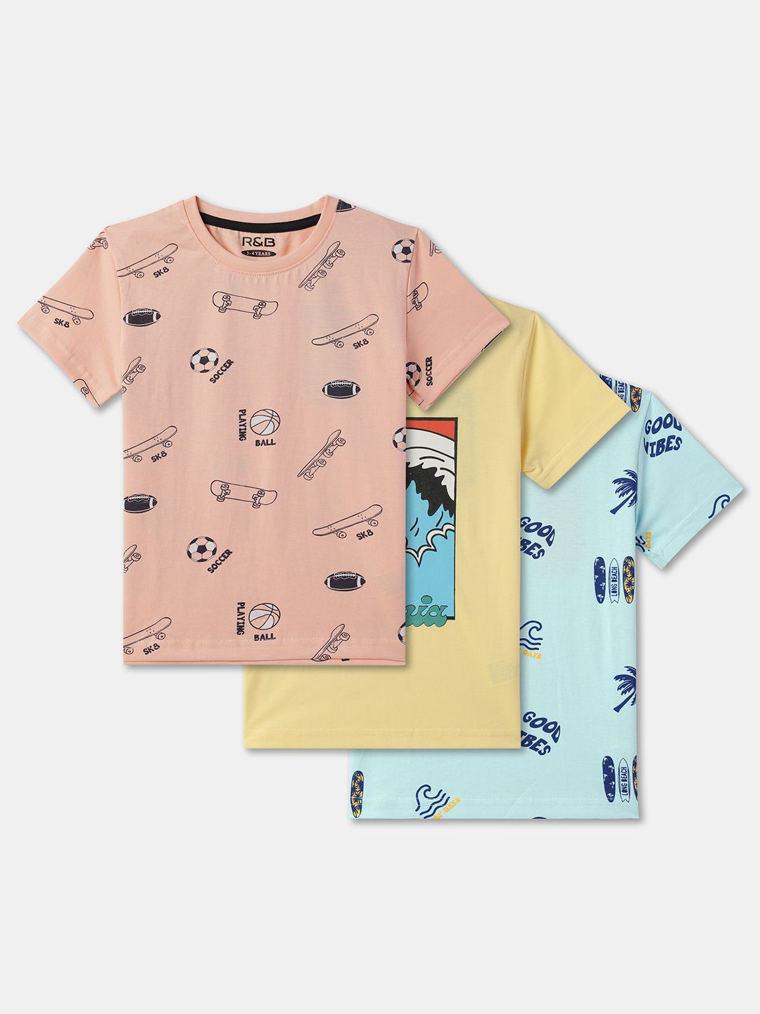 

R&B Boys Pack Of 3 Printed Round Neck Cotton T-shirt, Pink