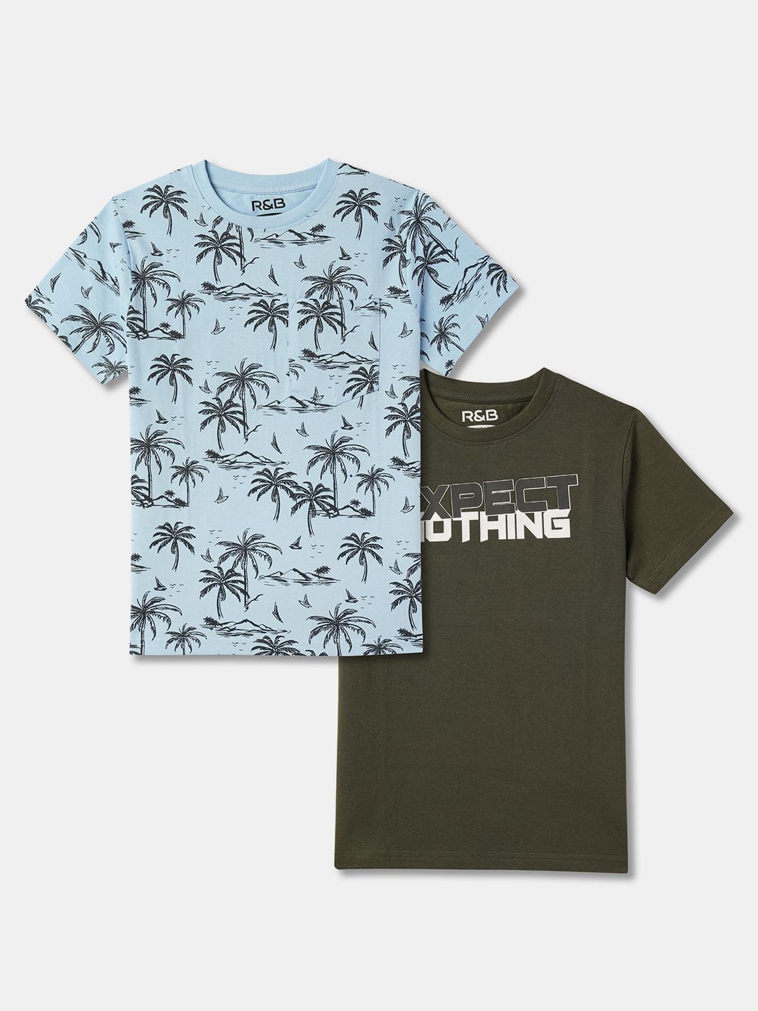 

R&B Boys Pack Of 2 Printed Round Neck Cotton T-shirt, Blue