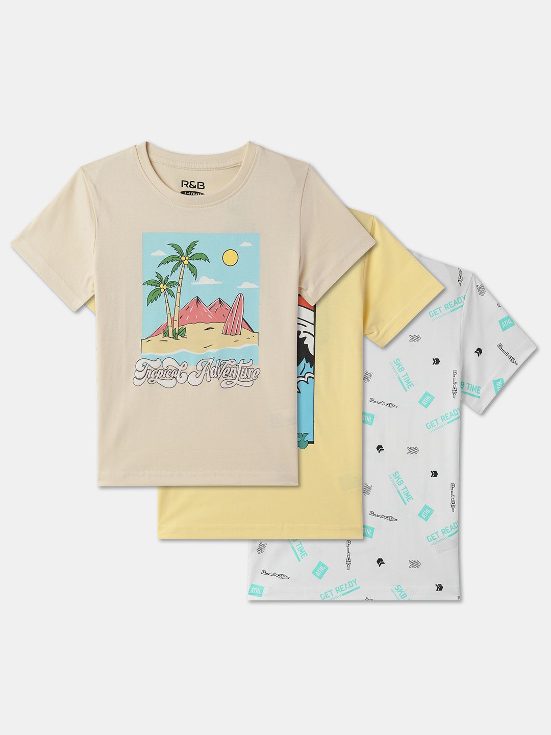 

R&B Boys Pack Of 3 Printed Round Neck Cotton T-shirt, Beige