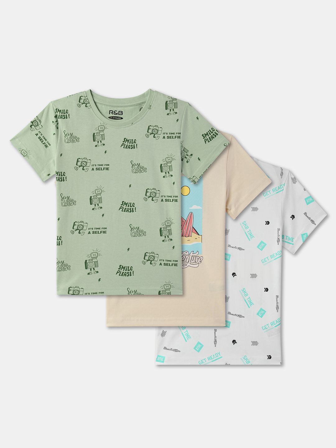 

R&B Boys Pack Of 3 Printed Round Neck Cotton T-shirt, Green