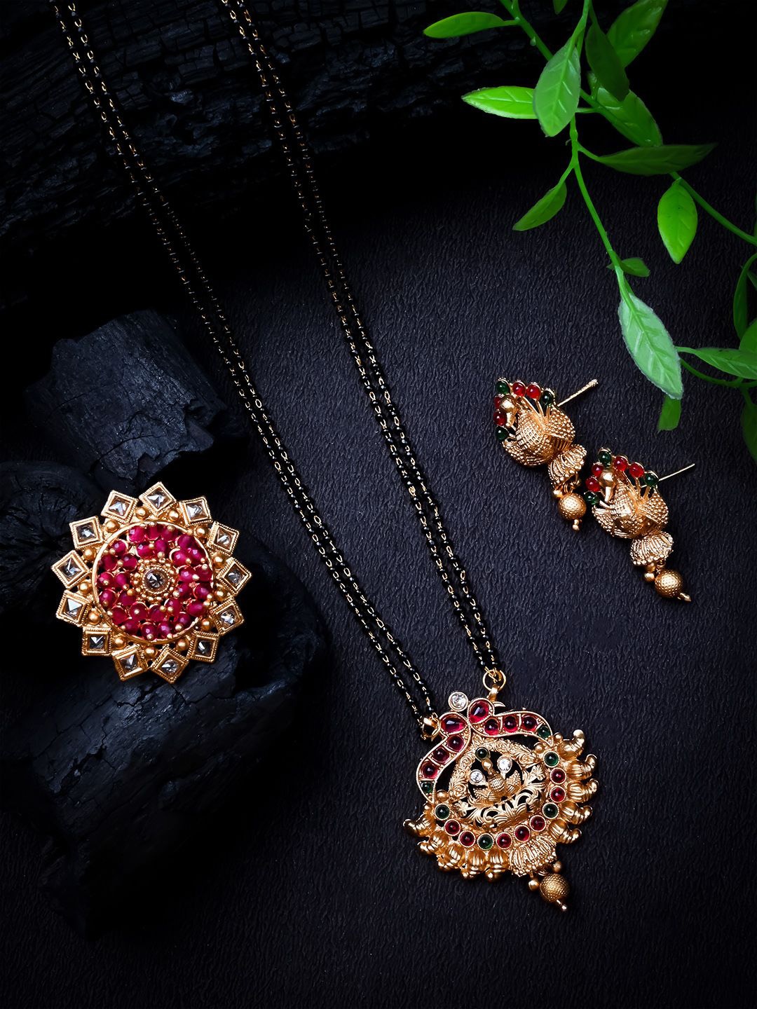 

StileAdda Gold Plated Artificial Stones and Beads Mangalsutra with Earrings & Ring