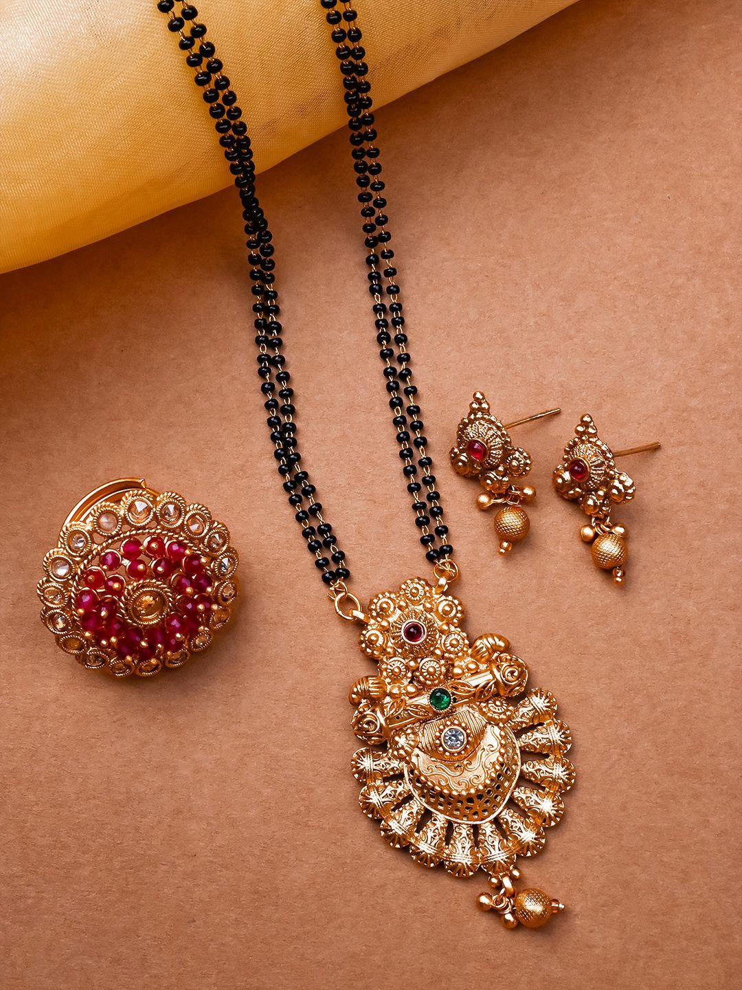 

StileAdda Gold-Plated Artificial Stones and Beads Mangalsutra With Earrings & Ring