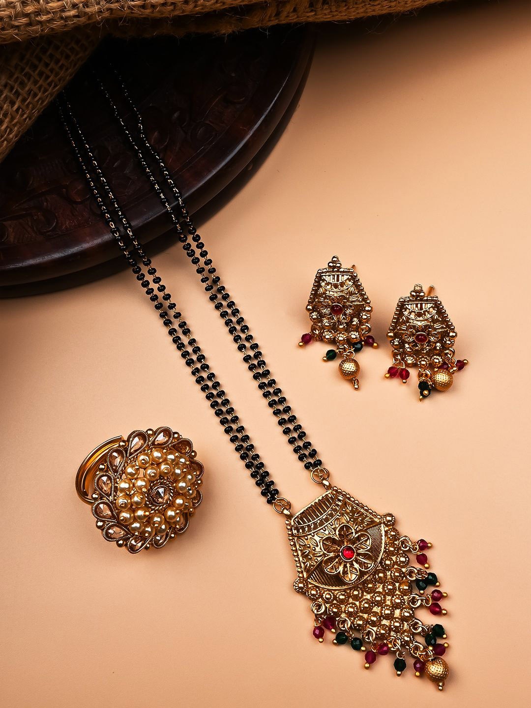 

StileAdda Gold Plated Artificial Stones and Beads Mangalsutra with Earrings & Ring