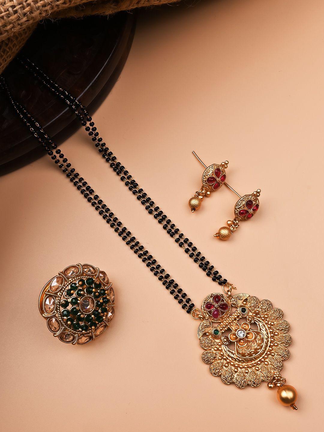 

StileAdda Gold-Plated Artificial Stones and Beads Mangalsutra With Earrings & Ring