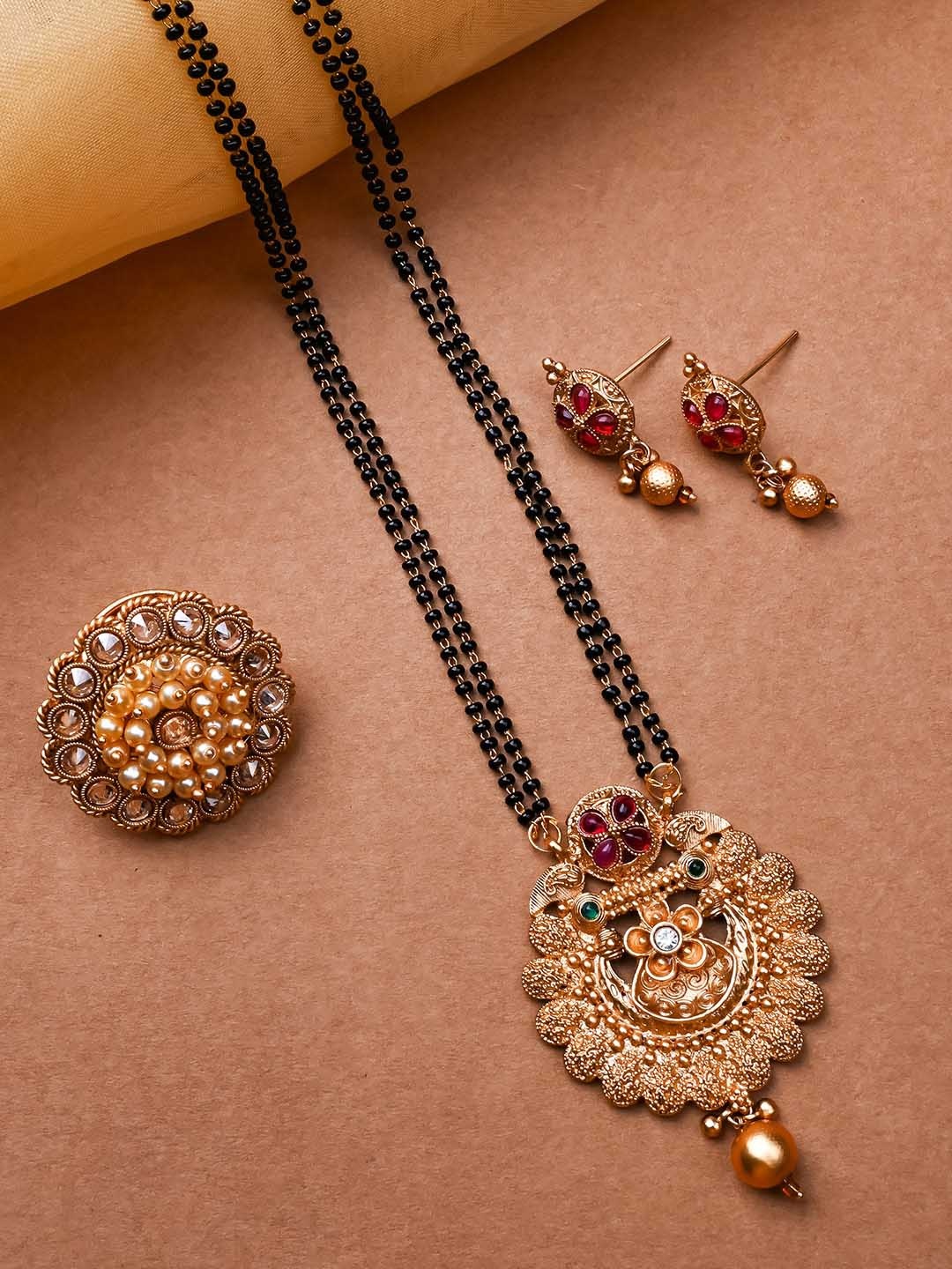 

StileAdda Gold-Plated Artificial Stones and Beads Mangalsutra With Earrings & Ring