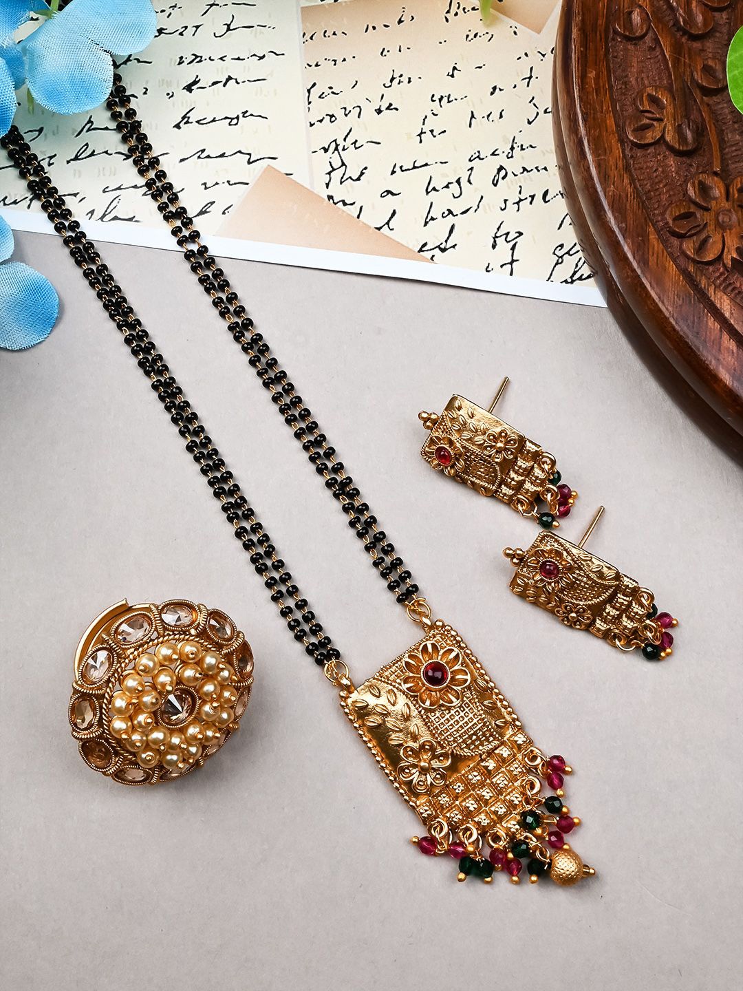 

StileAdda Gold Plated Artificial Stones and Beads Mangalsutra with Earrings & Ring