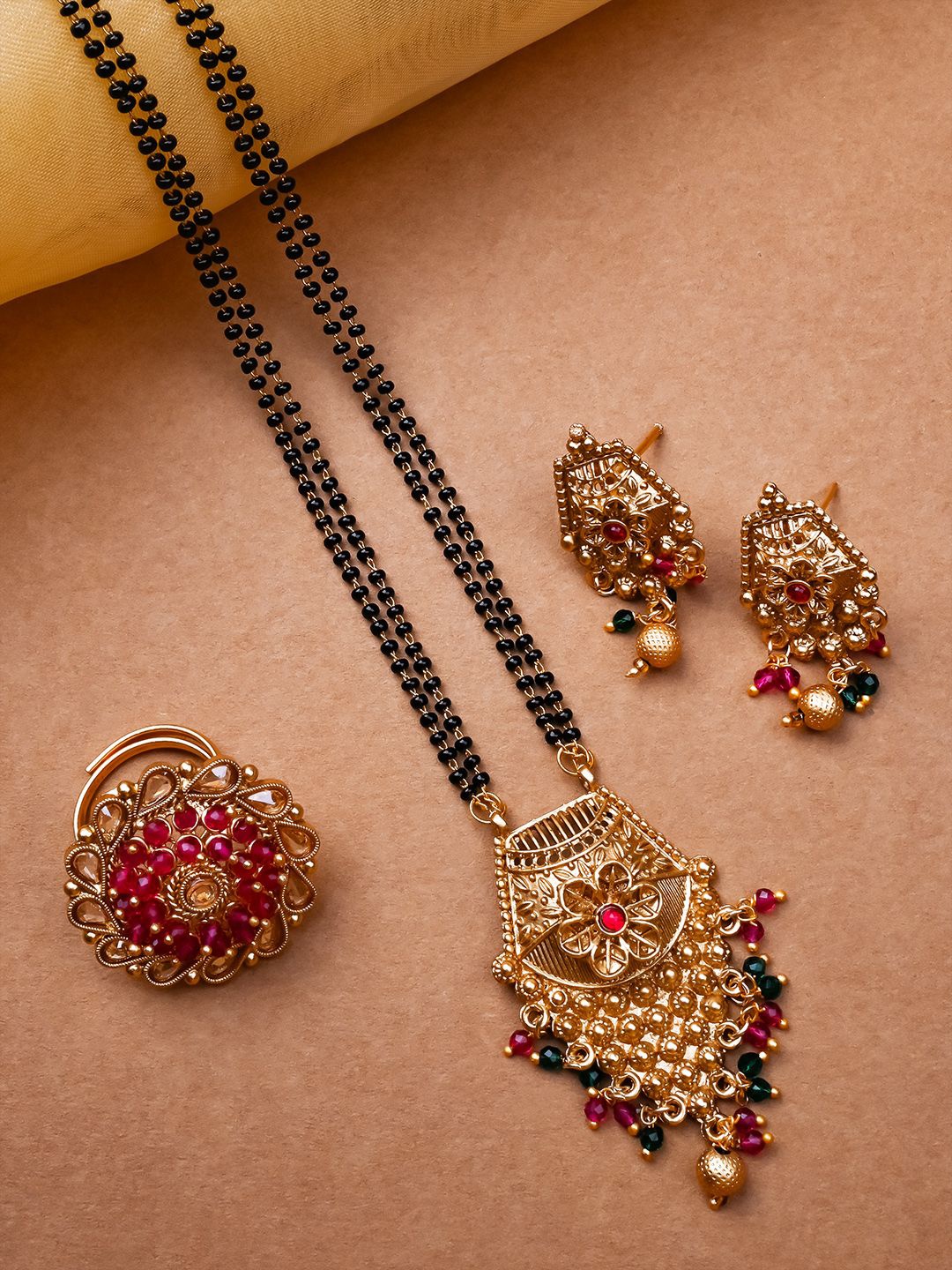 

StileAdda Gold Plated Artificial Stones and Beads Mangalsutra with Earrings & Ring