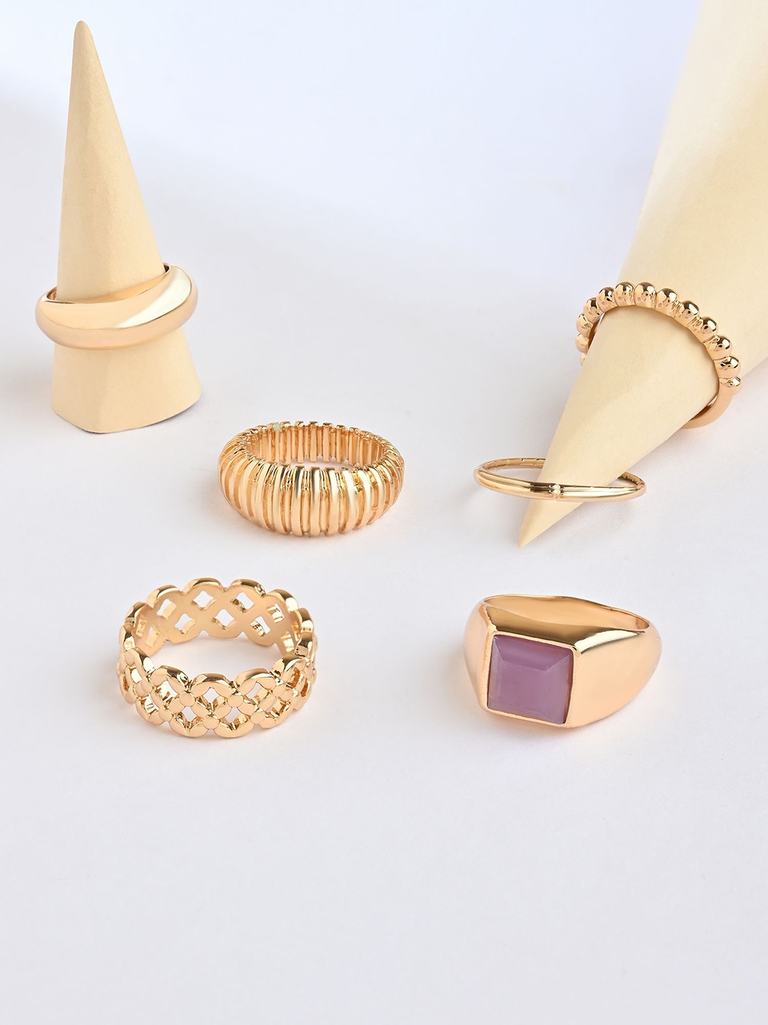 

Lilly & sparkle Set Of 6 Gold-Plated Stone Studded Textured Finger Rings