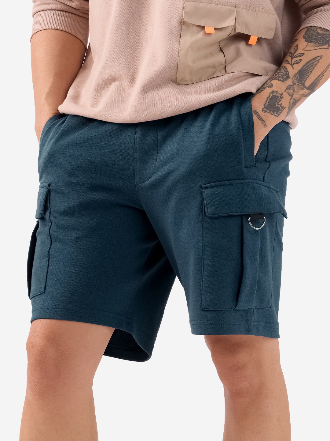 The Souled Store Men Mid-Rise Pure CottonCargo Shorts, Blue