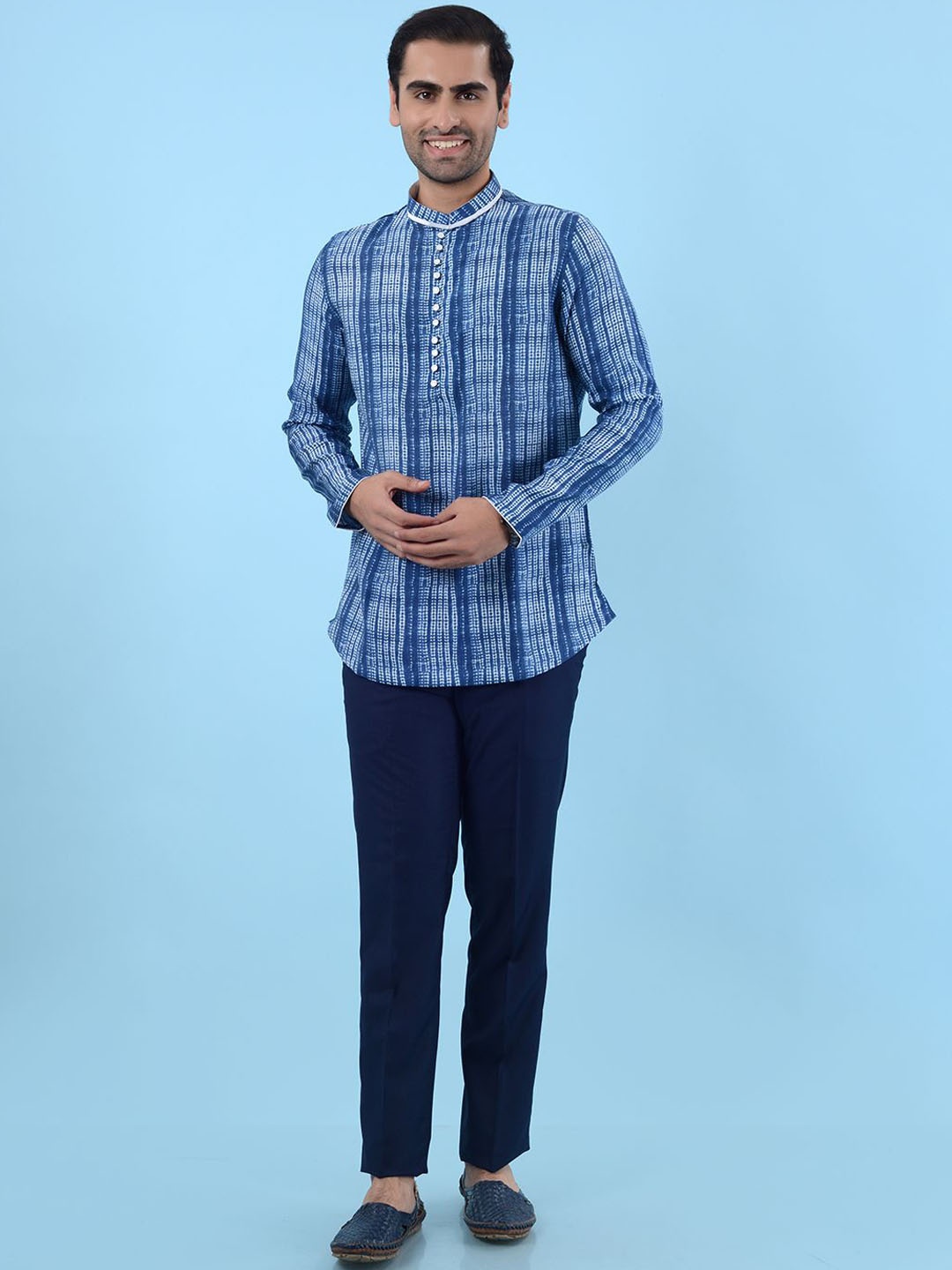 

THE KURTA COMPANY Tie & Dye Band Collar Straight Kurta, Blue