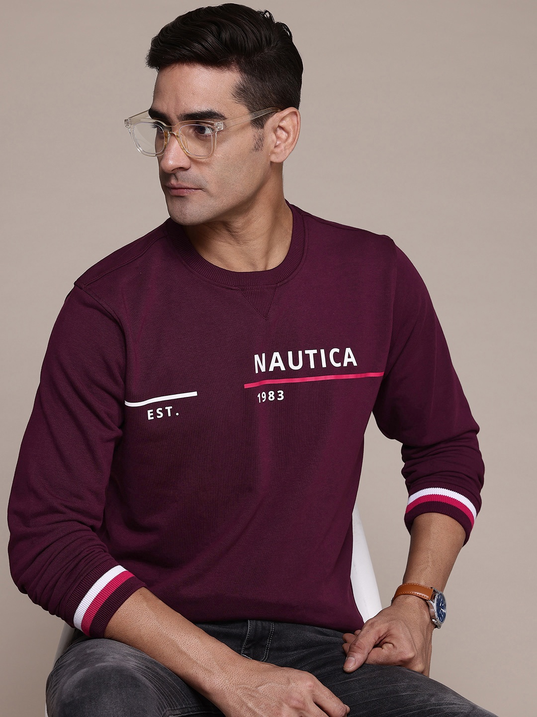 

Nautica Printed Round Neck Sweatshirt, Burgundy