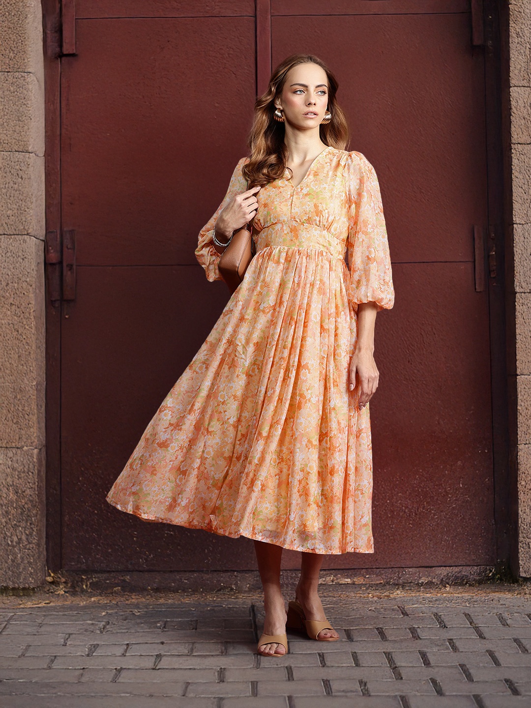 

all about you Floral Print Puff Sleeve A-Line Midi Dress, Yellow