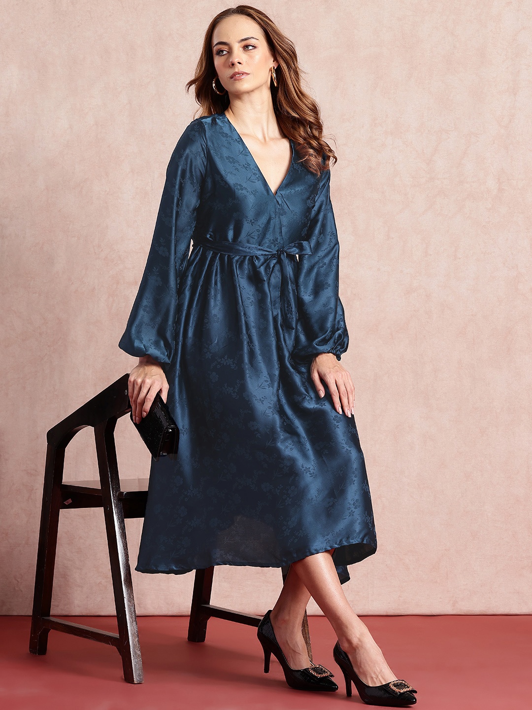 

all about you Floral Puff Sleeve Satin A-Line Midi Dress, Teal