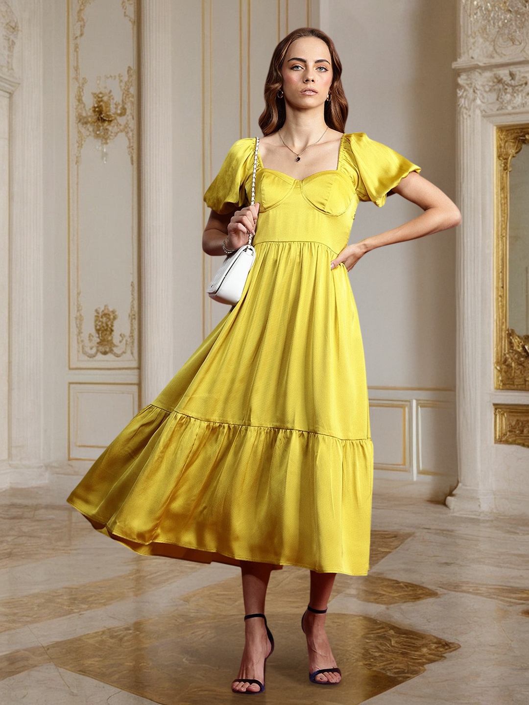 

all about you Puff Sleeve A-Line Tiered Midi Dress, Lime green