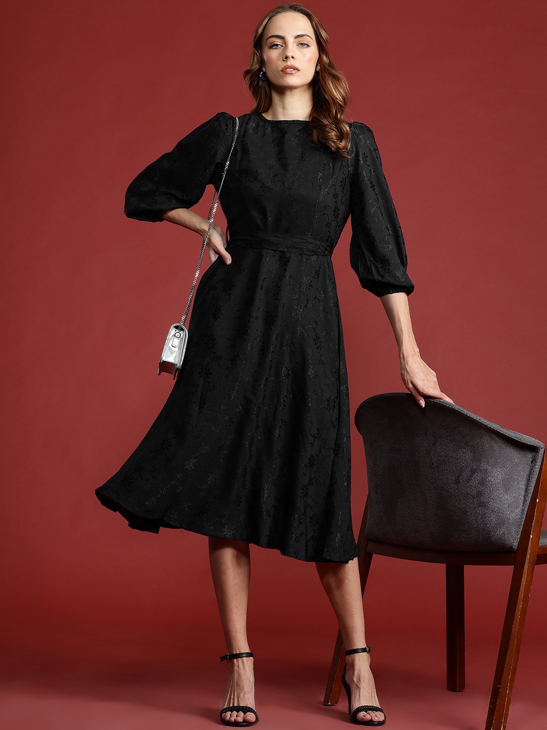 

all about you Floral Puff Sleeve Fit & Flare Dress, Black