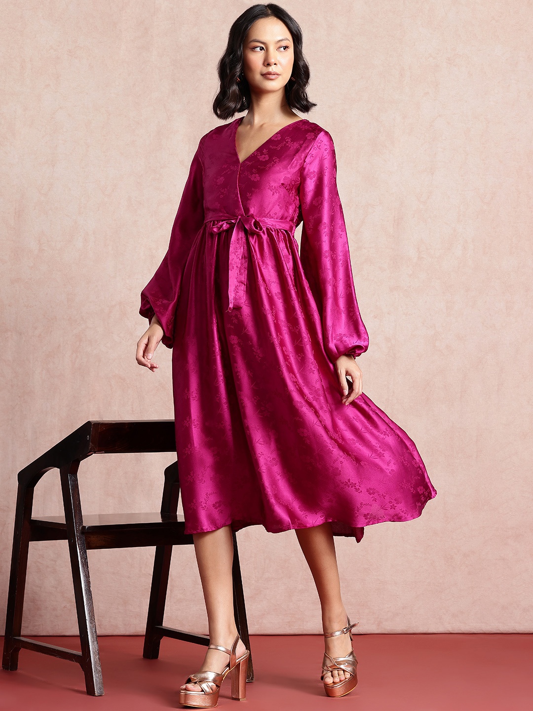 

all about you Floral Puff Sleeve Satin A-Line Midi Dress, Magenta