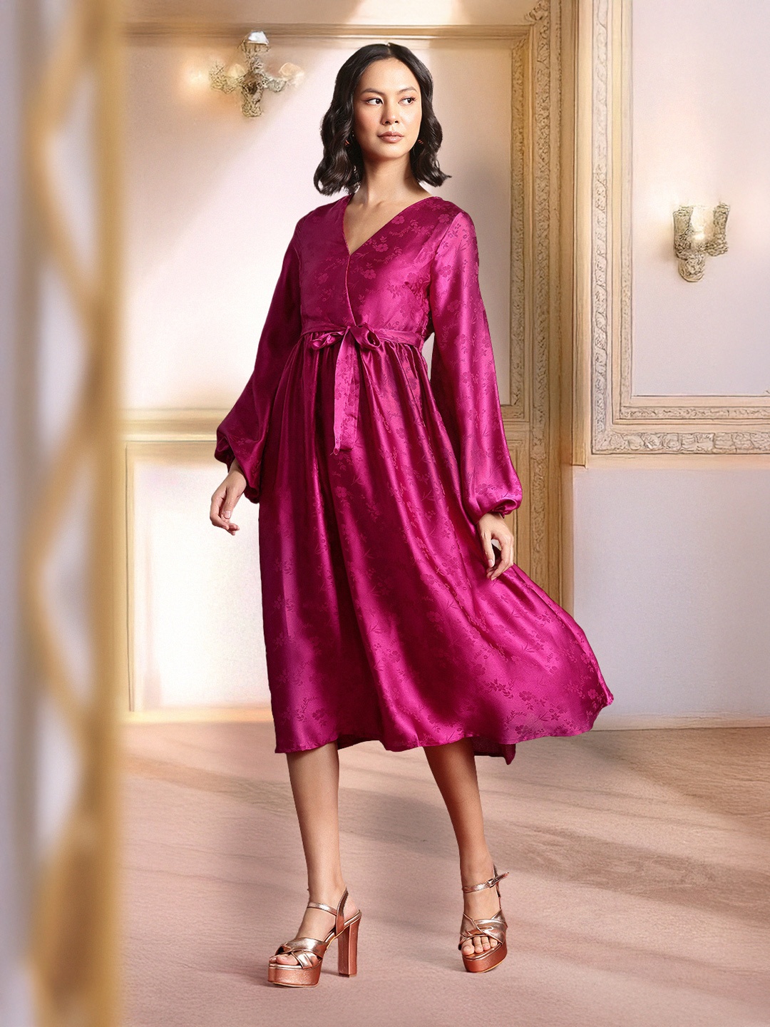 

all about you Floral Puff Sleeve Satin A-Line Midi Dress, Magenta