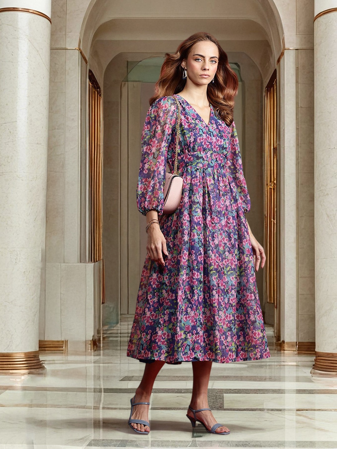 

all about you Floral Print Puff Sleeve A-Line Midi Dress, Purple