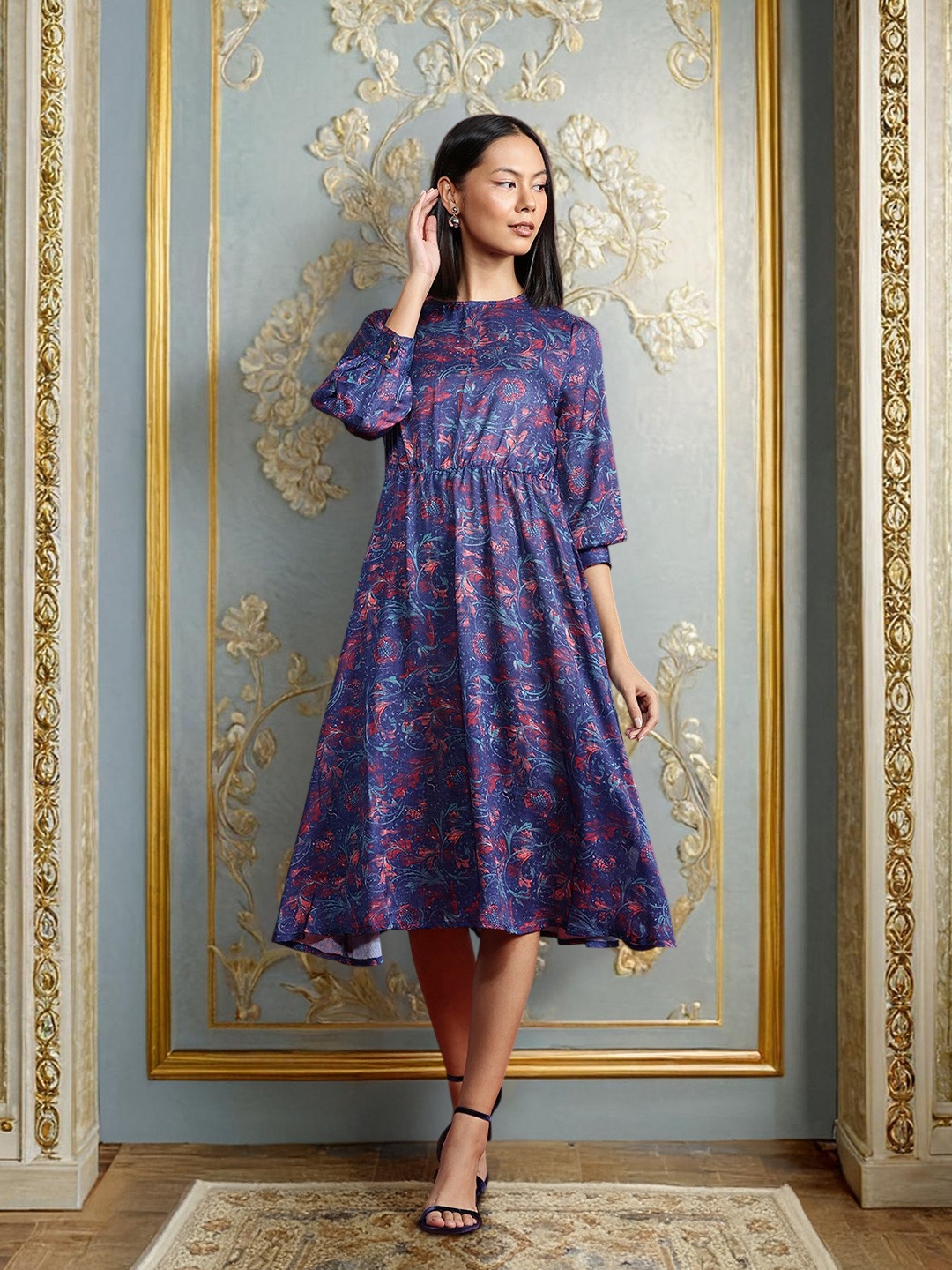 

all about you Floral Print Fit & Flare Dress, Navy blue