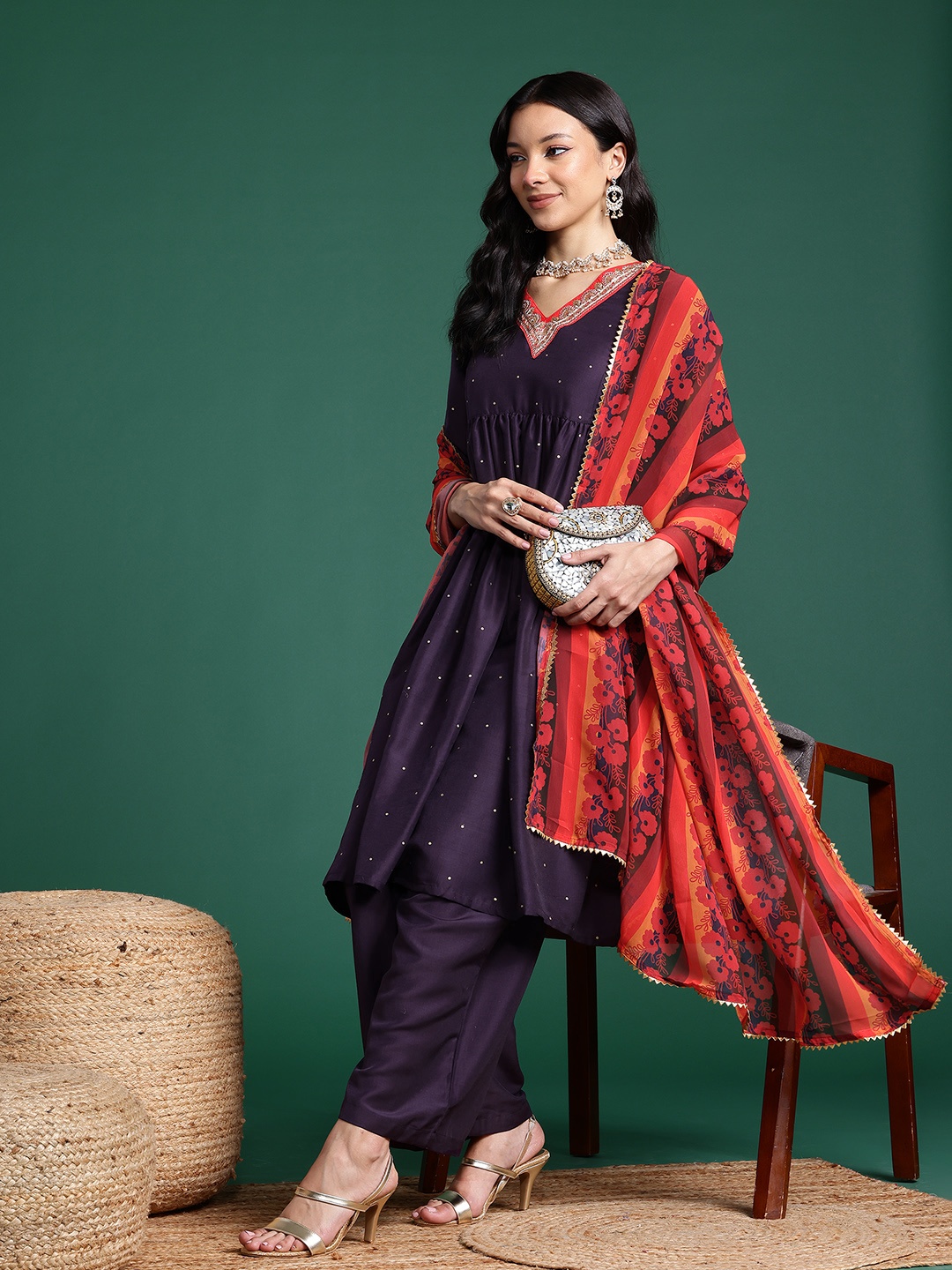 

Sangria Printed Empire Sequinned Kurta with Palazzos & Dupatta, Purple