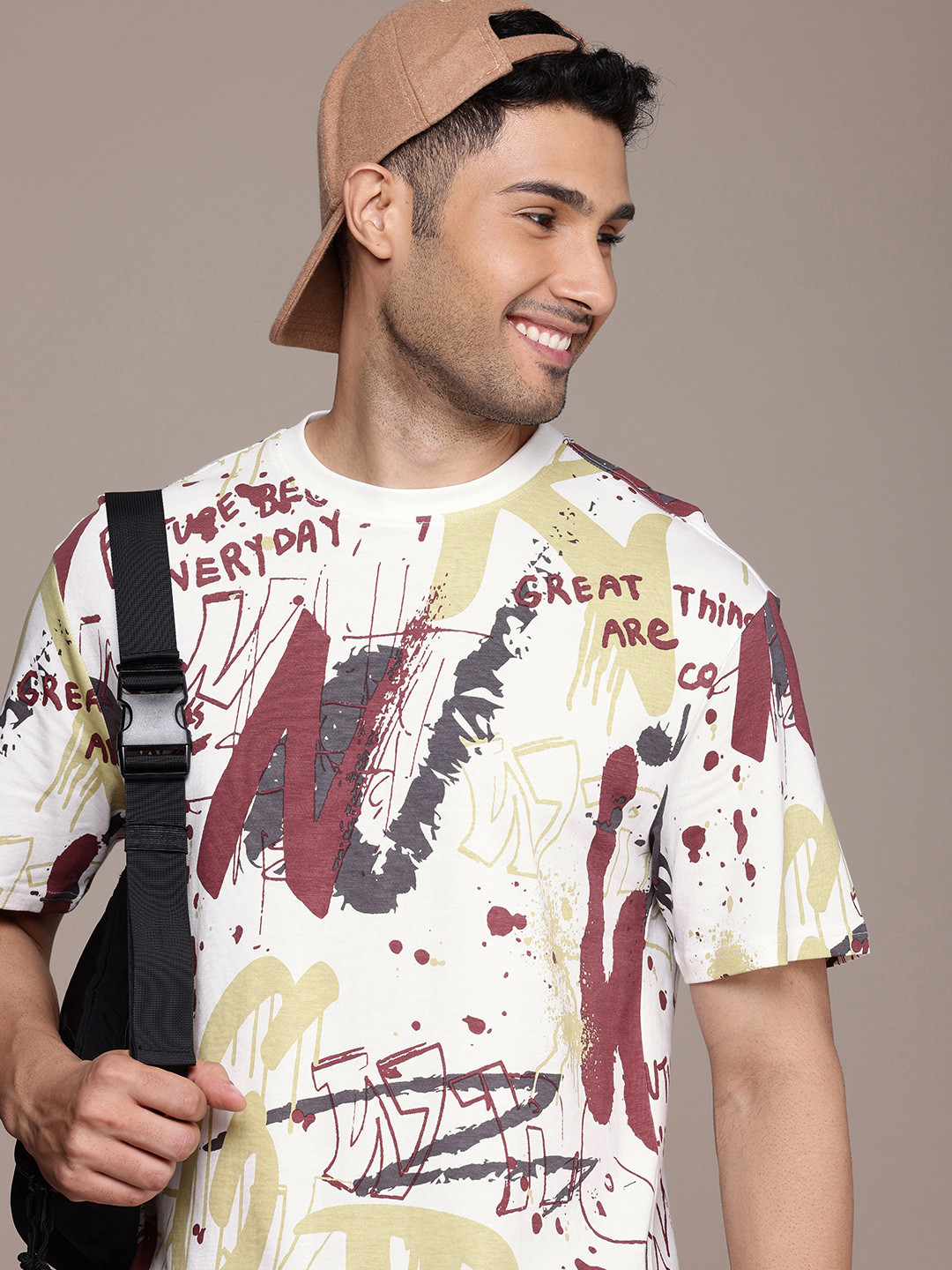 

WROGN Typography Printed Drop-Shoulder Sleeves Pure Cotton Oversized T-shirt, White