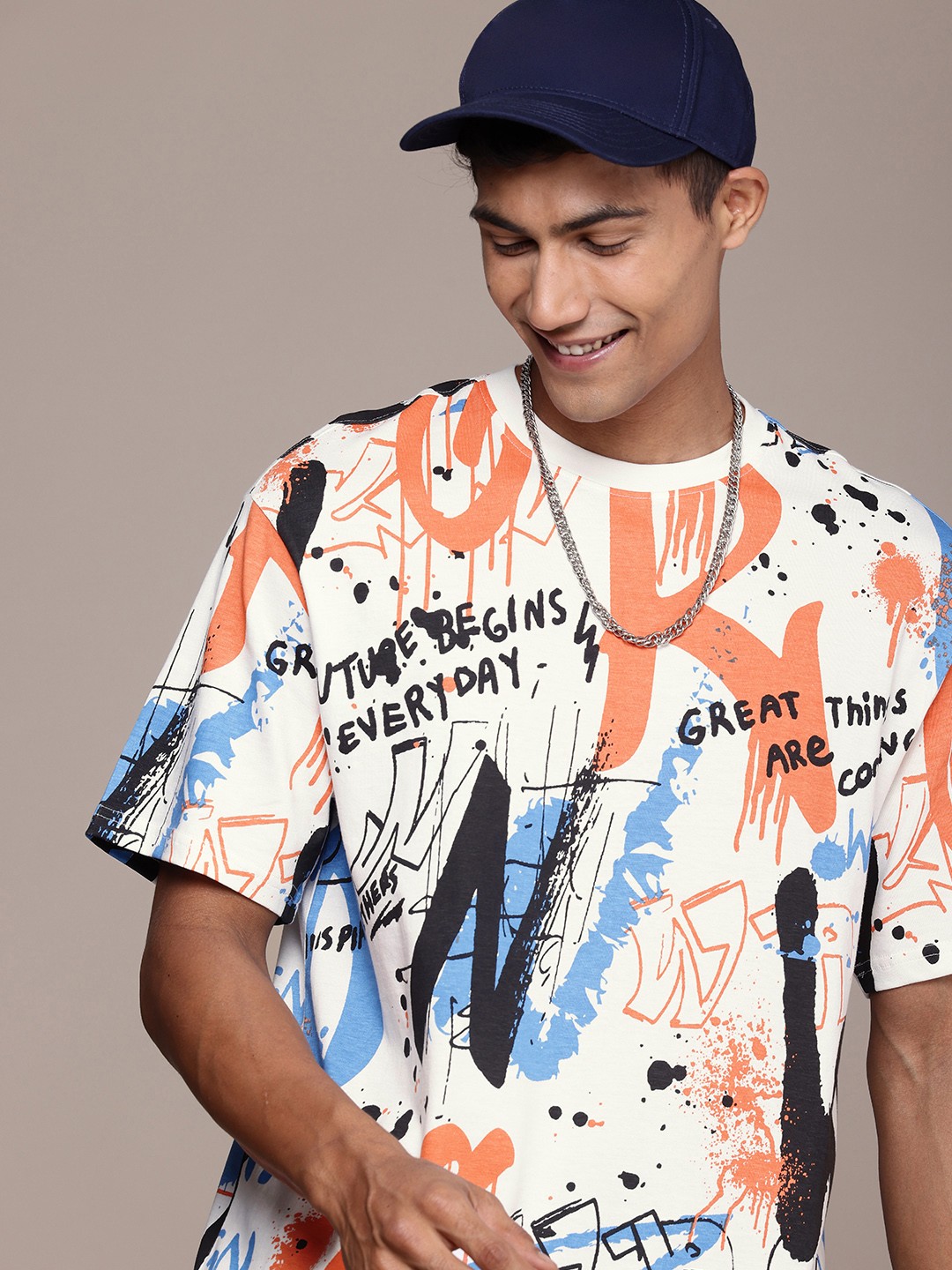 

WROGN Typography Printed Drop-Shoulder Sleeves Pure Cotton Oversized T-shirt, White