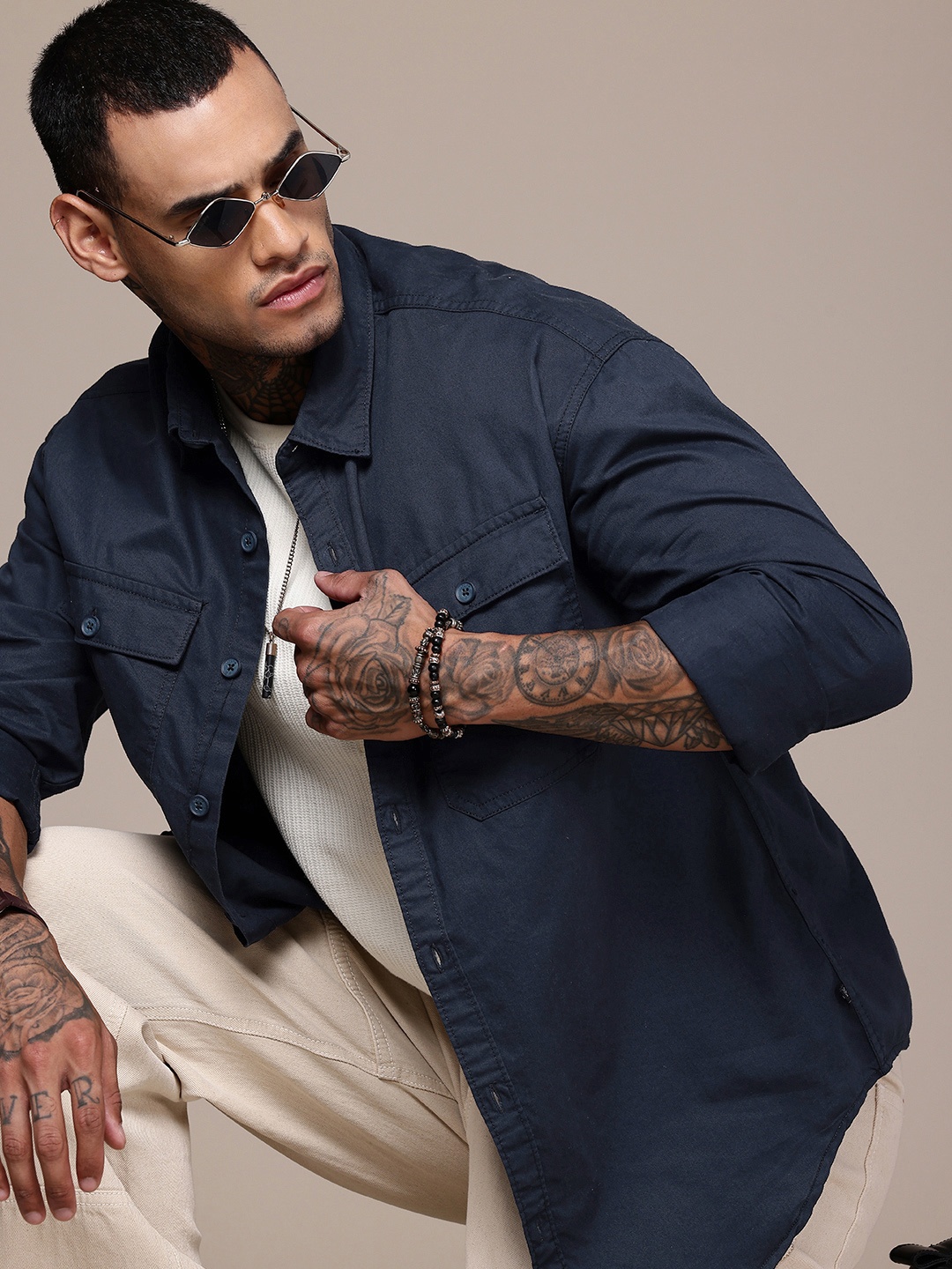 

WROGN Oversized Fit Opaque Pure Cotton Casual Shirt, Navy blue