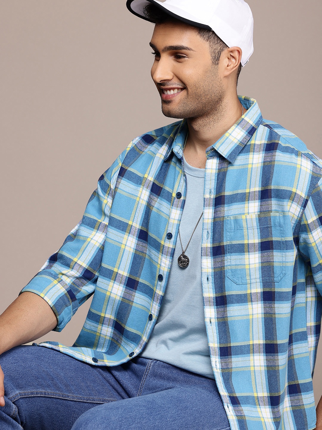 

WROGN Comfort Fit Tartan Checks Casual Shirt, Blue