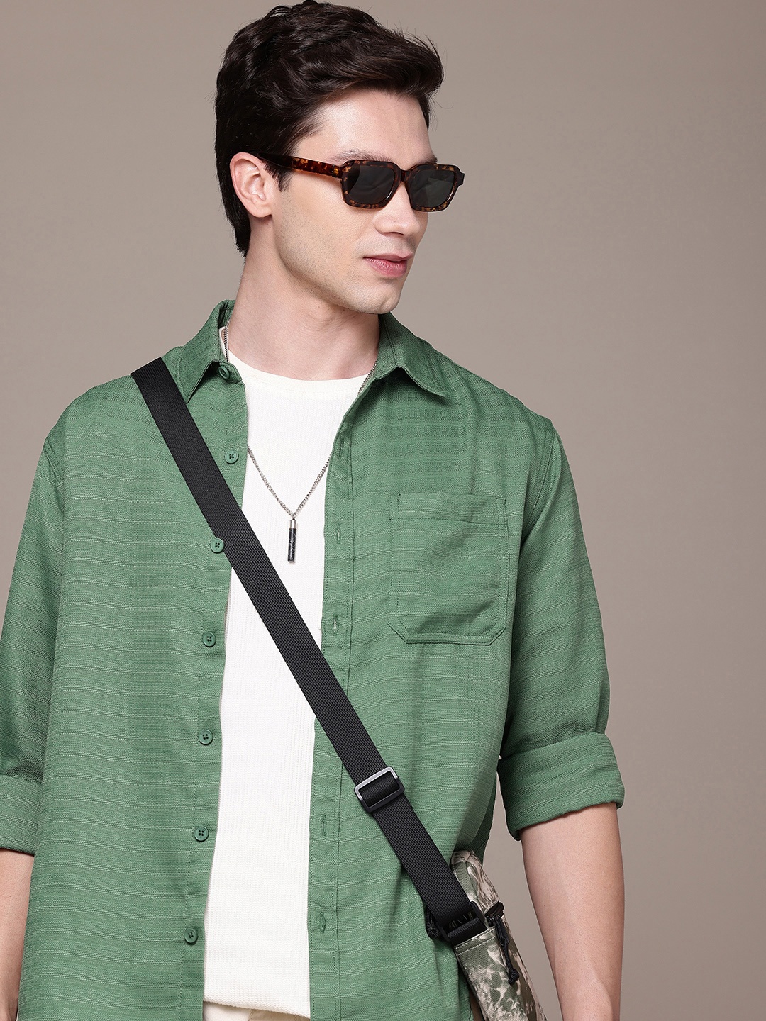 WROGN Self Design Horizontal Stripes Comfort Fit Opaque Casual Shirt, Green