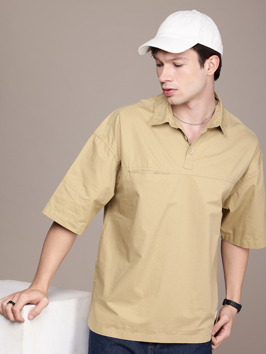 

WROGN Oversized Fit Opaque Pure Cotton Casual Shirt, Beige