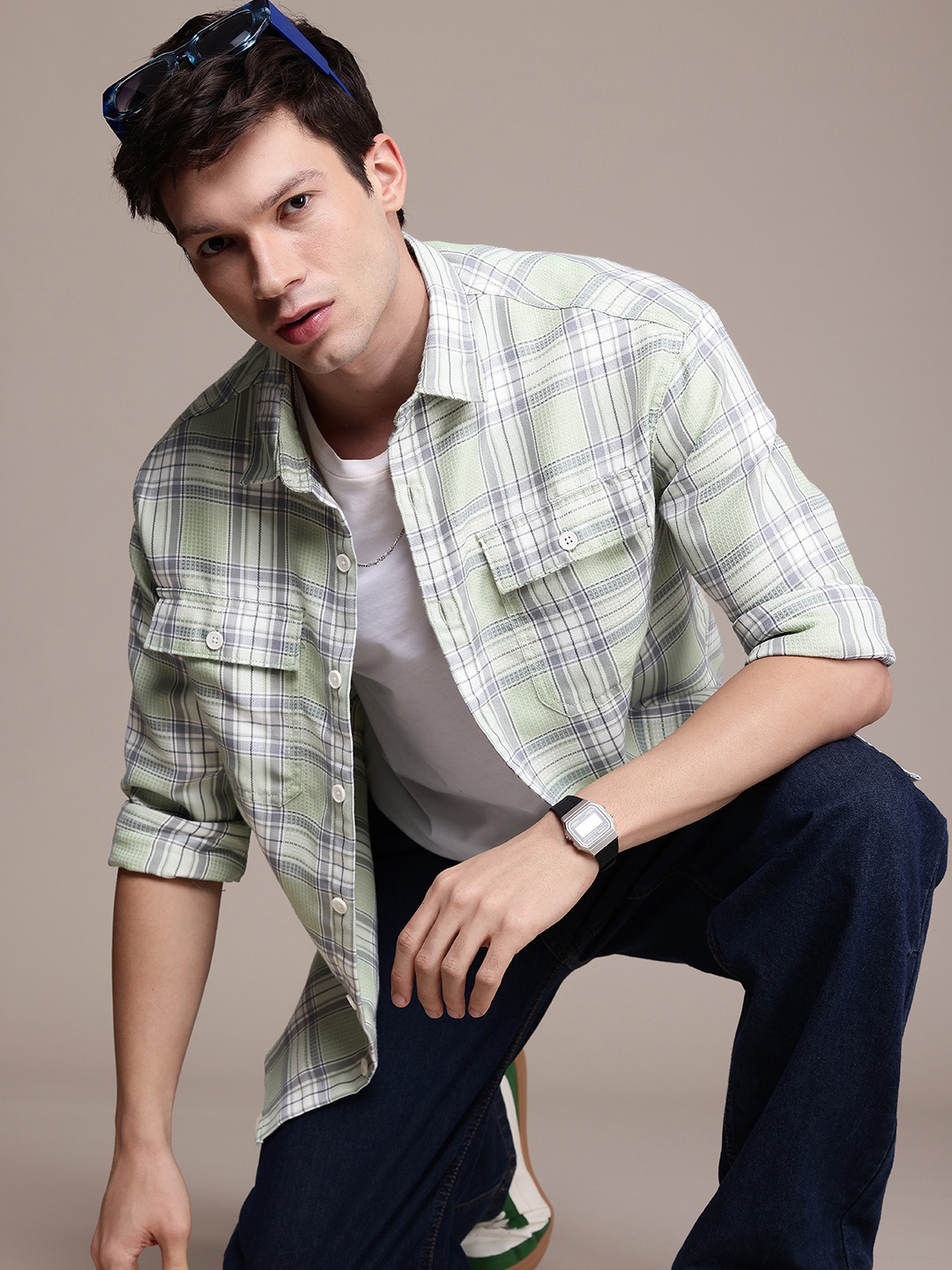 WROGN Oversized Fit Opaque Checked Casual Shirt, Green