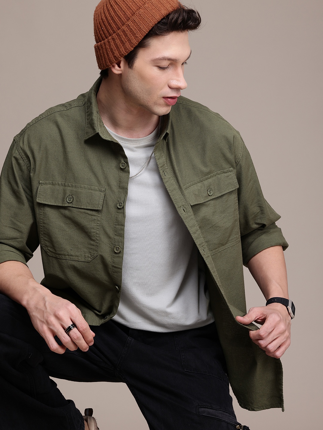 WROGN Oversized Fit Opaque Pure Cotton Casual Shirt, Green