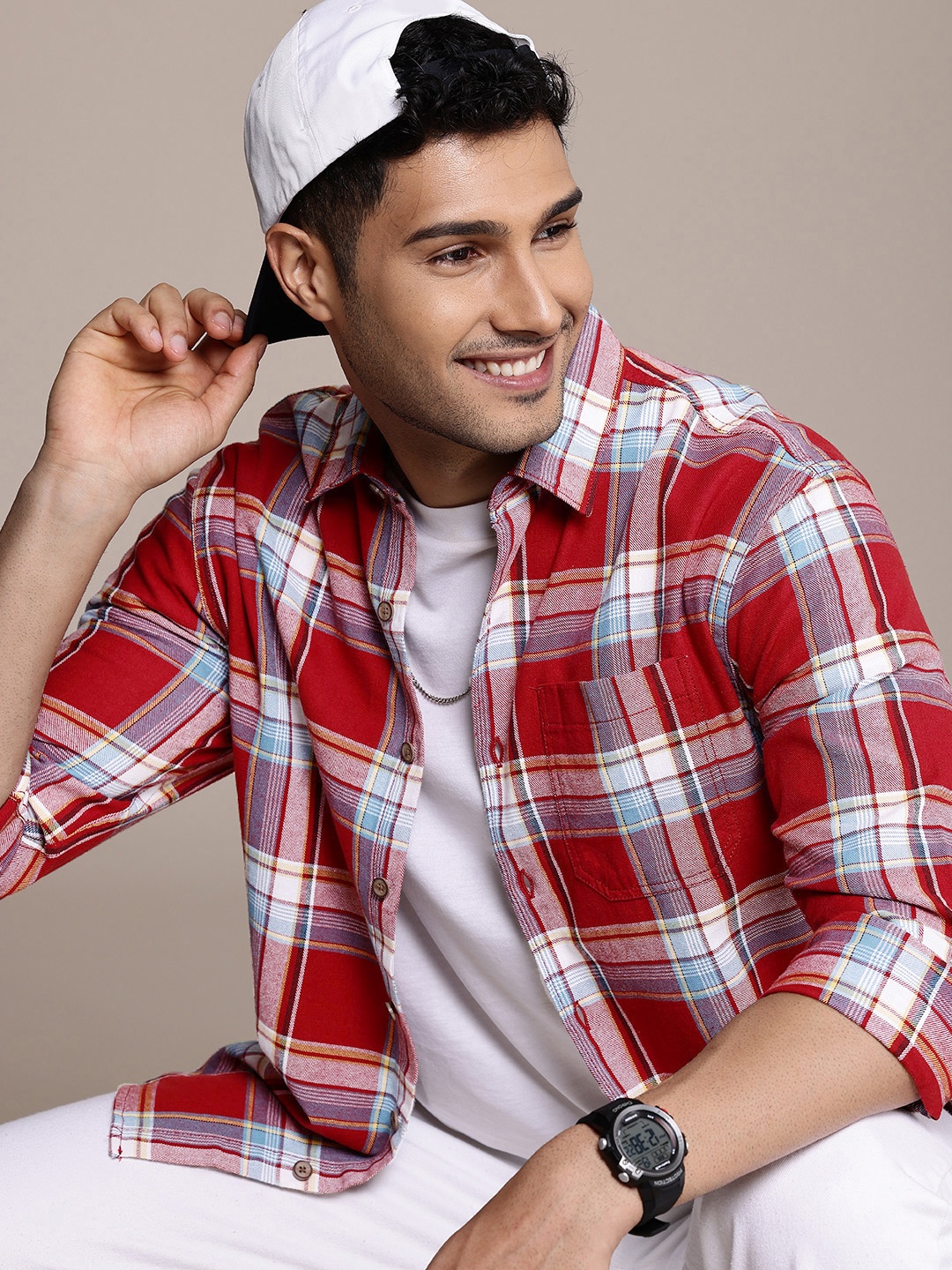 

WROGN Comfort Tartan Checks Drop Shoulder Sleeve Casual Shirt, Red