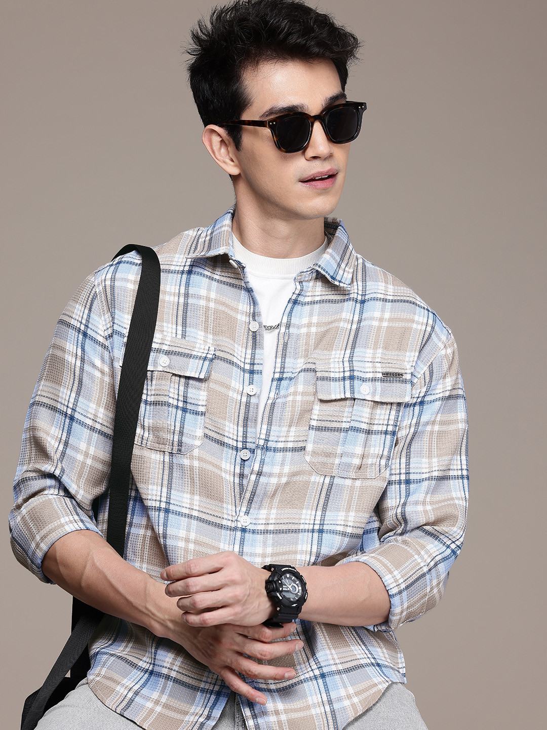 

WROGN Checked Textured Comfort Fit Casual Shirt, Blue