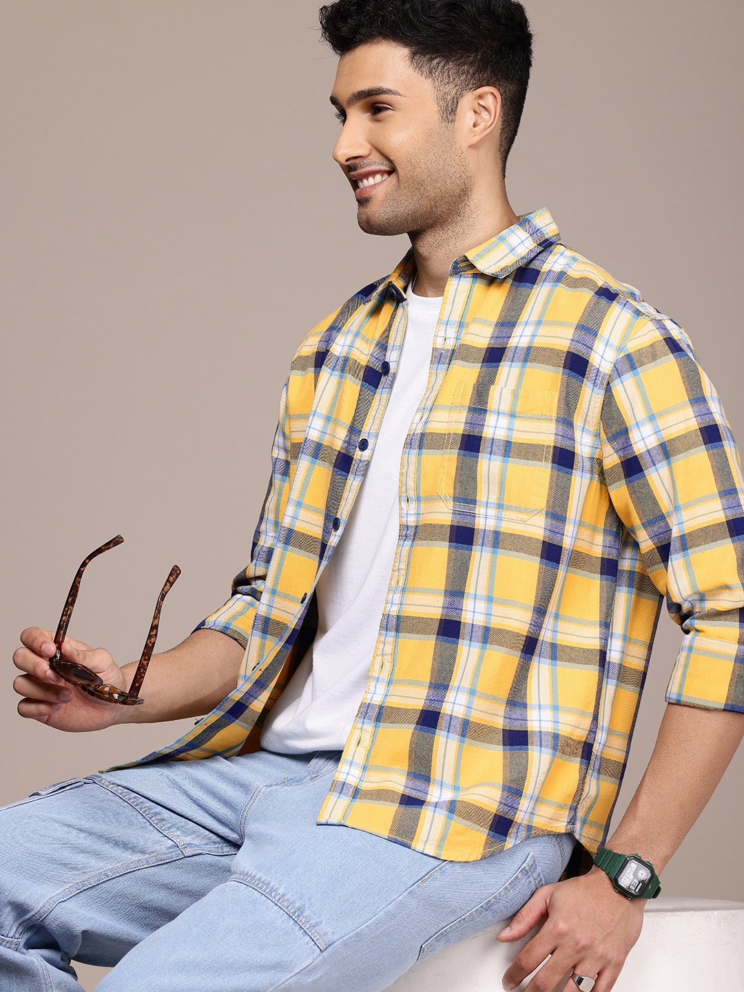 

WROGN Comfort Fit Tartan Checks Pure Cotton Casual Shirt, Yellow