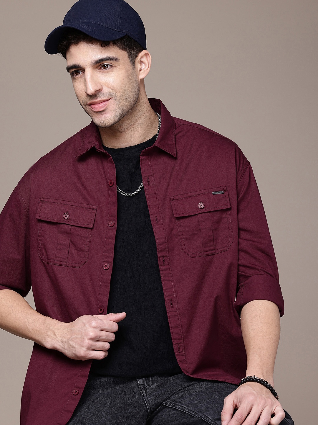 

WROGN Pure Cotton Oversized Fit Opaque Casual Shirt, Maroon