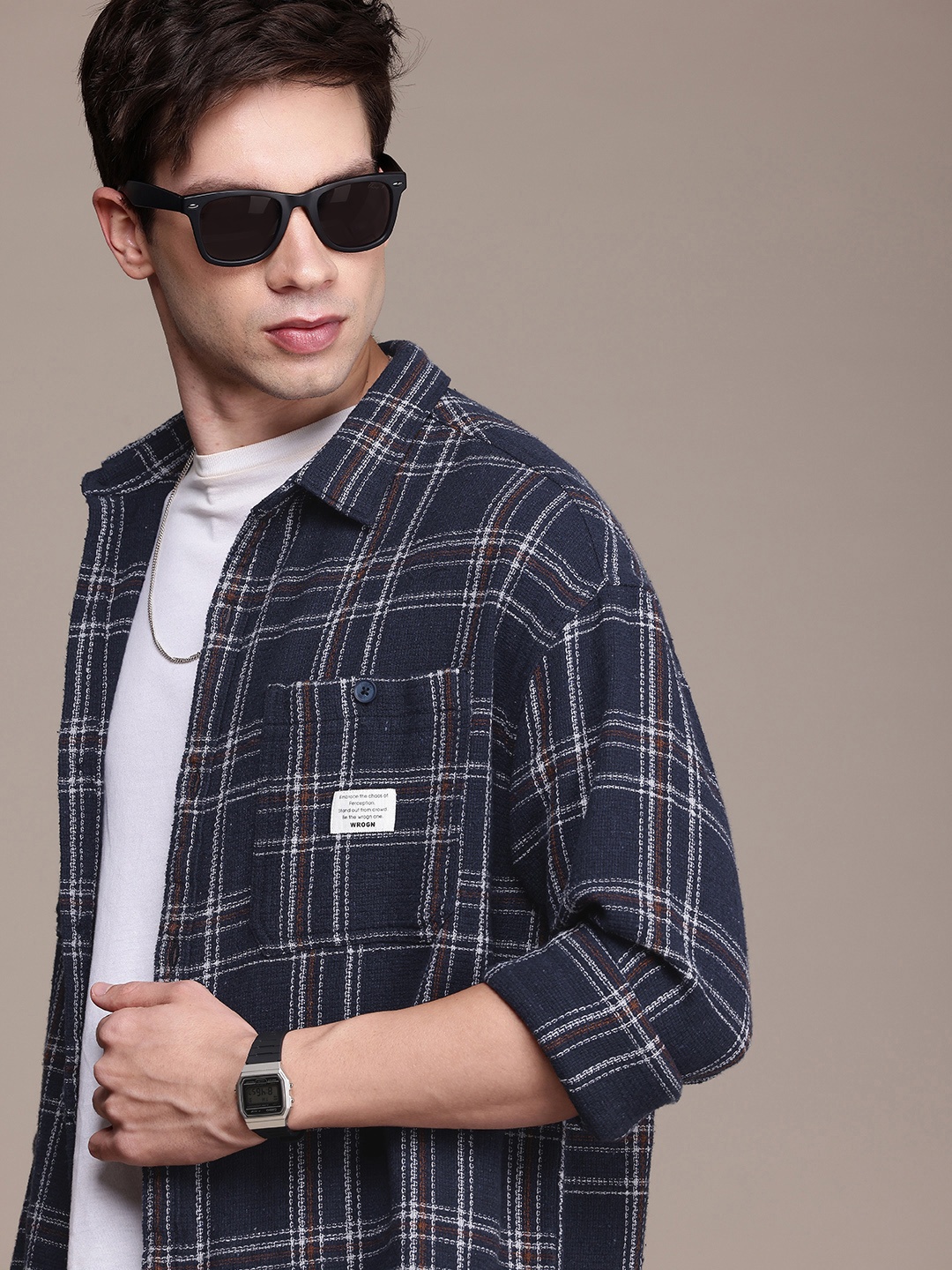 

WROGN Oversized Fit Tartan Checked Opaque Casual Shirt, Navy blue