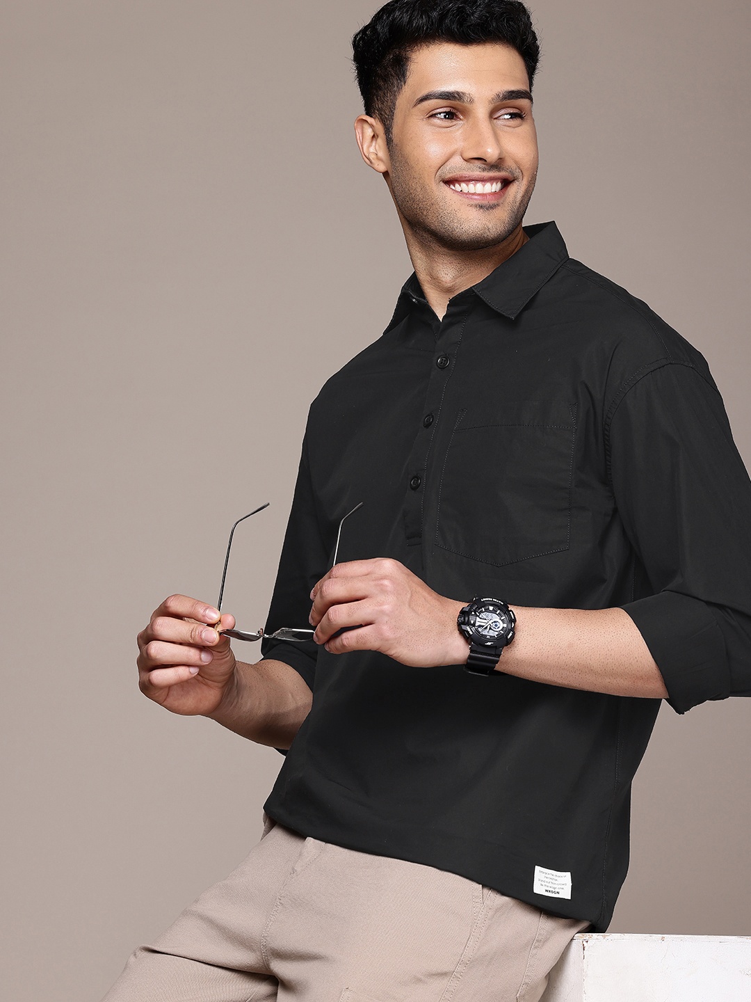 

WROGN Pure Cotton Oversized Casual Shirt, Black