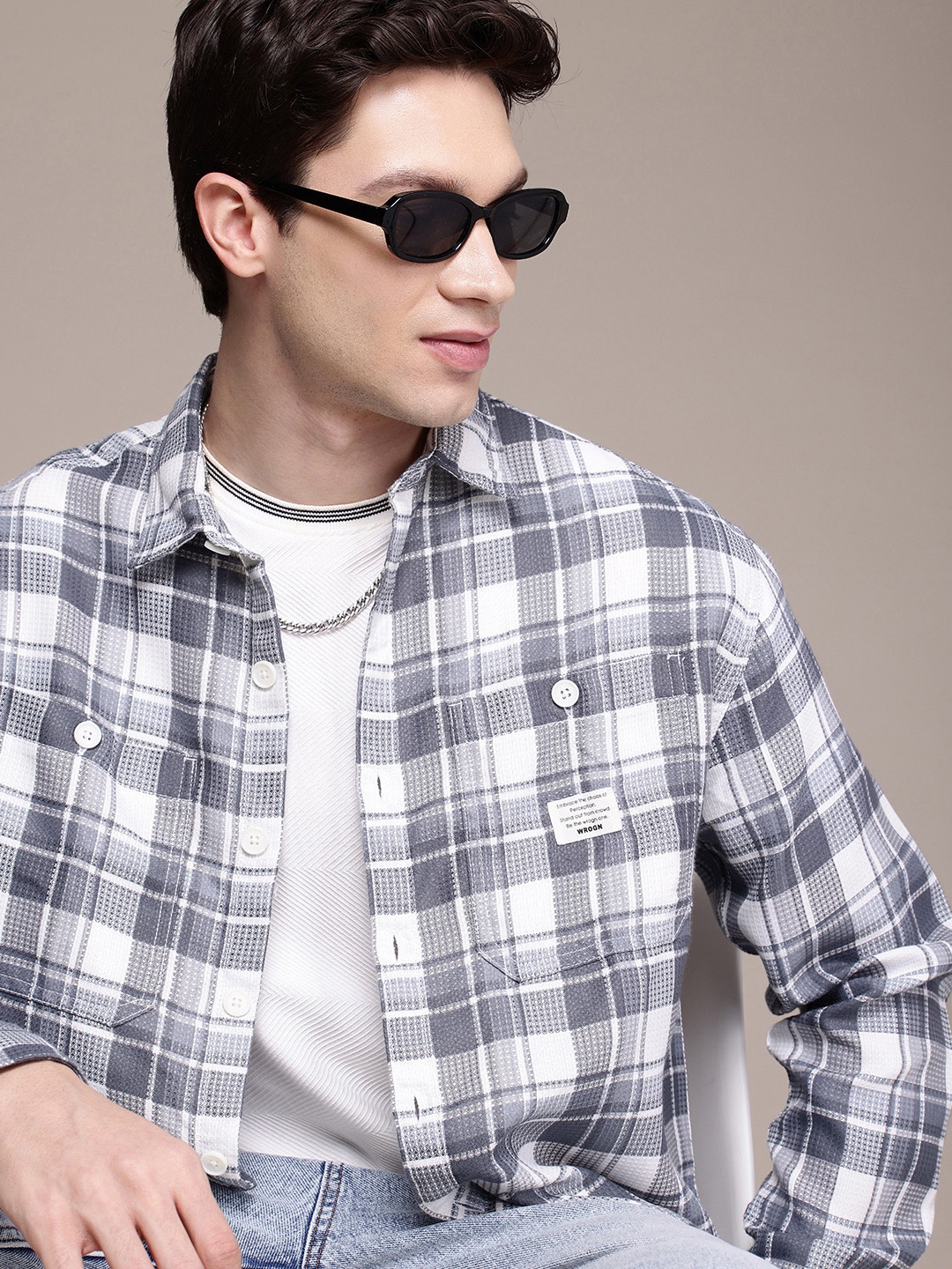 

WROGN Opaque Textured & Checked Oversized Casual Shirt, Grey